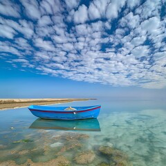 Naklejka premium A serene seascape featuring a blue boat resting on calm waters under a cloudscape