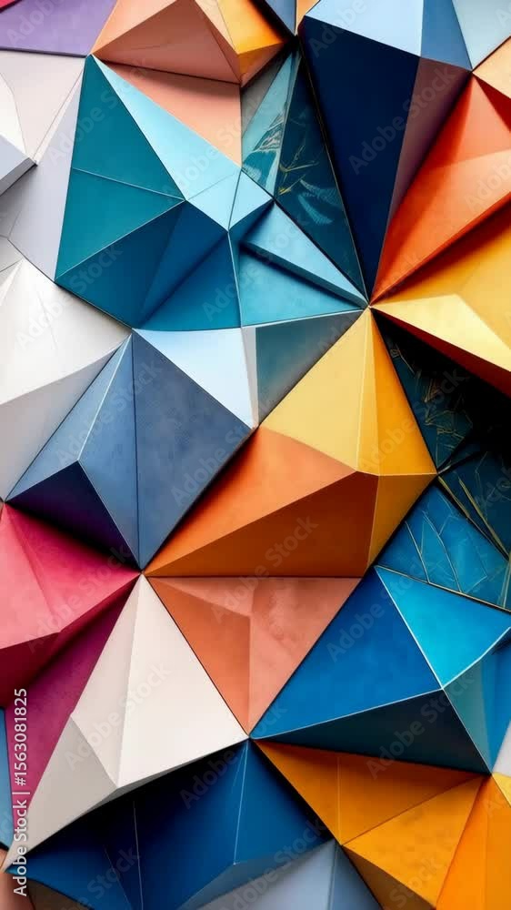 Poster colorful geometric background with a pattern of interlocking triangles and abstract shapes, vibrant 