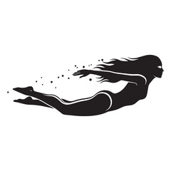 Silhouette of a woman swimming underwater with flowing hair and a sense of motion