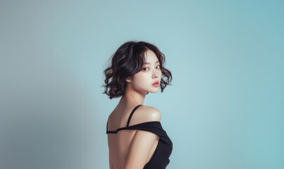 Fototapeta premium Elegant Woman in Black Dress, Studio Portrait