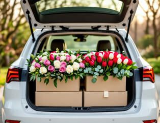 Flower delivery with vibrant tulips and roses awaiting a romantic surprise in a car trunk during springtime