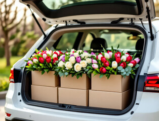 Spring floral delivery featuring beautiful tulips and roses packed in car trunk for surprise romantic occasion