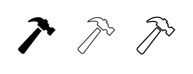 Hammer icon in three variations: solid, outline, and thick contour, icon set  