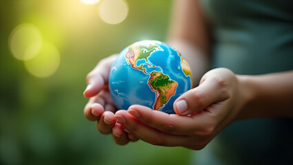 Hands cup a small globe, with a blurred green, natural background and sunlight.