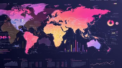 Colorful world map infographic displaying data trends and statistics with graphs and charts - Powered by Adobe