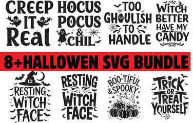 Fototapeta premium A bundle of eight halloween themed svg designs featuring spooky quotes and vector illustrations
