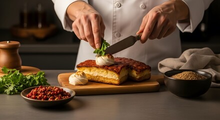 Chef in White Coat Cutting Classic Apple Pie with Fresh Herbs and Spices in Modern Kitchen