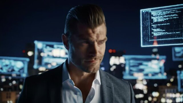 Businessman in a sharp suit standing confidently among multiple floating transparent holographic screens, intently analyzing digital data in a futuristic office