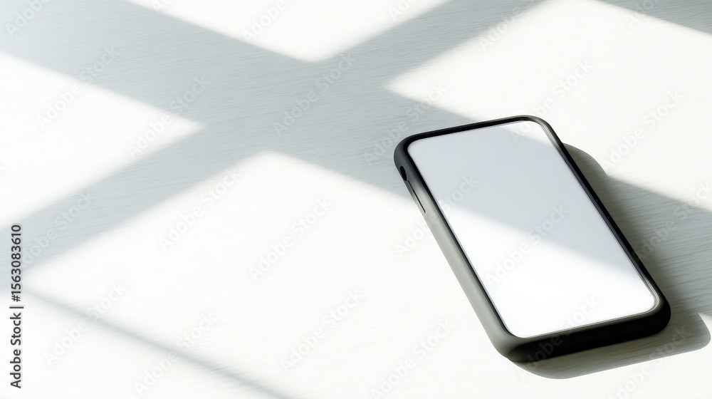 Poster minimalistic smartphone on a reflective surface with soft shadows and natural light