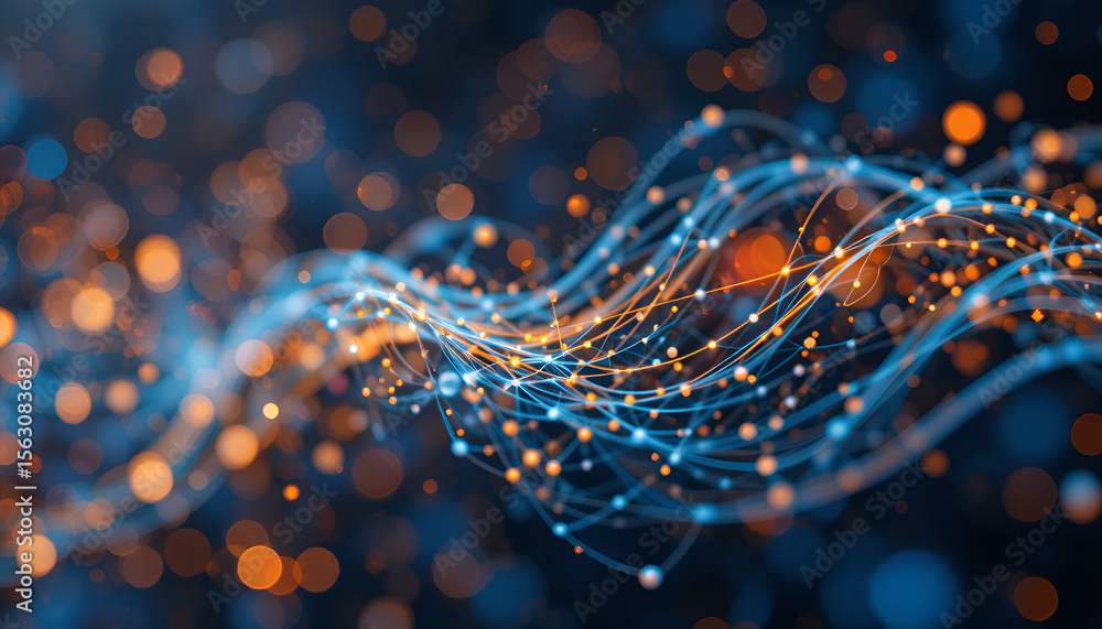 Poster dazzling abstract network design presents interconnected blue and orange lines with glowing bokeh li