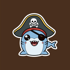 Cute Cartoon Pirate Shark Sticker with Skull Hat and Eye Patch