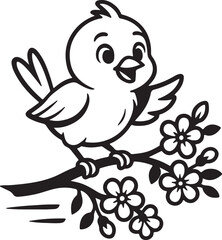 Adorable Happy Cartoon Bird on Flowering Branch - Simple Black and White Line Art Illustration