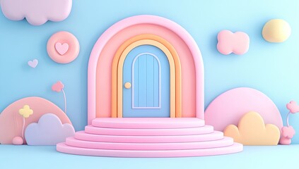 Pastel-colored, 3D rendered scene featuring a rainbow archway with a light blue door and tiered platform.  Fluffy clouds, hearts, and hills decorate the light blue background