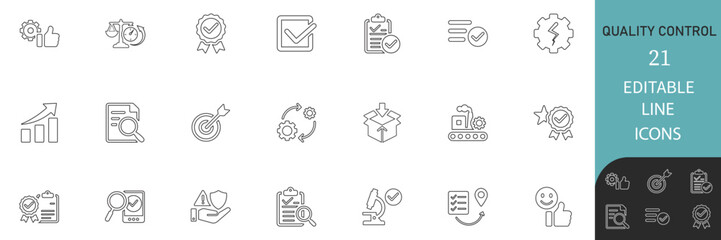 Quality Control best  Editable Line Icon Set. clean and professional  icons. featuring inspection, certification, checklist, process, analysis, and validation symbols for business and industry.