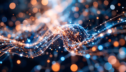 Abstract technological network of glowing blue and orange dots with interconnected lines creates a futuristic, flowing design.
