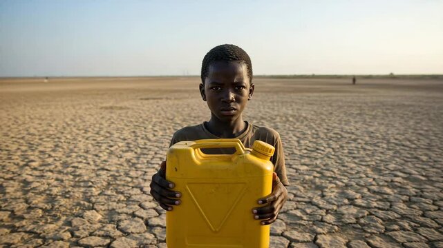 African boy holds water jerrycan in cracked desert landscape symbolizing water scarcity