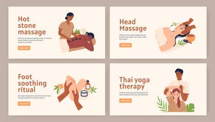 Set of banner featuring traditional Thai massage techniques. Perfect for spa websites, salon posters, or wellness app graphics. Hand drawn vector illustration.