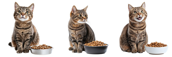 Set of cute cats with a bowl of food isolated on transparent background PNG