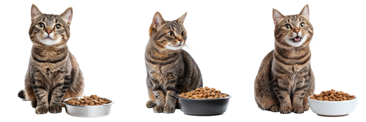 Set of cute cats with a bowl of food isolated on transparent background PNG