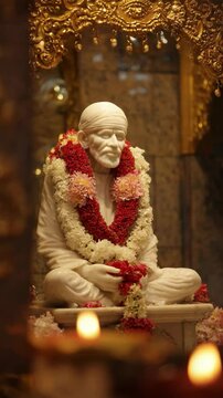 Shirdi Sai Baba Idol Sitting in Temple Light Darshan is a devotional animated loop perfect for festival visuals, spiritual reels, meditation backgrounds, or divine character storytelling.