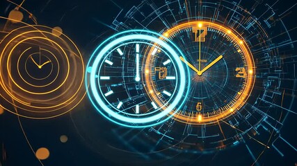 Futuristic clock design with glowing elements and digital interface, symbolizing time and technology - Powered by Adobe