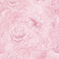 A pink floral patterned background with flowers and leaves