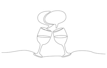 Continuous one line drawing of wine glasses clinking and speech bubbles connecting, social gathering concept, single line art