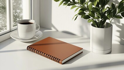 A tan notebook, coffee cup, and plant sit on a windowsill