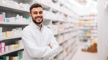 Smiling bearded man in white lab coat stands confidently in well-lit pharmacy aisle, shelves stocked with colorful medications and health products, professional clean atmosphere.