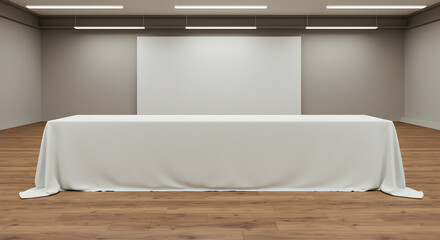 Blank white tablecloth on long table in empty gallery space perfect for product display or event promotion