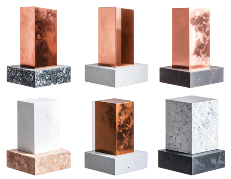 generic modern abstract decor sculpture in deferent chrome cement stone rose gold transparent background.