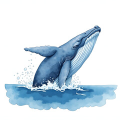 Dynamic illustration of a humpback whale breaching from the ocean. Represents marine life, power, or aquatic shows. Energetic and majestic.

