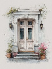 Fototapeta premium Charming double doors with elegant features stand at the center of the composition. Flanking each side, potted plants in soft hues add a touch of nature to the inviting entrance.