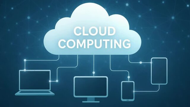 An illustration of cloud computing, showcasing various devices interconnected through a digital cloud. Symbolizing modern technology and the efficiency of data storage.