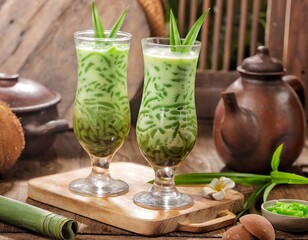 Es cendol or Es Dawet is a drink made from rice flour and so on which is formed using a filter, then mixed with sugar water and coconut milk.
