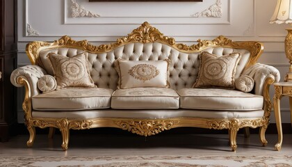 Ornate gold trimmed sofa with decorative pillows in a luxurious interior setting with lamp and table