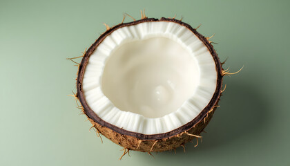 Halved coconut, showing white flesh and brown shell. Represents tropical fruit, healthy food, or natural ingredients. Fresh and earthy.

