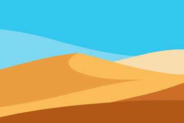 Stylized desert landscape with rolling sand dunes under a clear blue sky