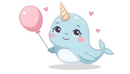 Cute balloon narwhal with a pink balloon. Represents fantasy, marine life, or whimsical art. Playful and unique.

