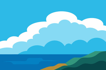 Stylized illustration of a coastal landscape with rolling green hills and fluffy clouds