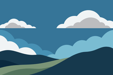 Stylized landscape with rolling hills and fluffy clouds under a deep blue sky