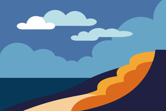 Stylized landscape with rolling clouds over a dark blue ocean and sandy shore