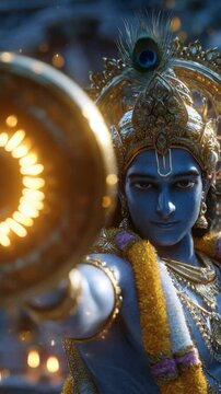 Krishna Holding Sudarshan Chakra Divine Darshan Scene is a devotional animated loop perfect for festival visuals, spiritual reels, meditation backgrounds, or divine character storytelling.