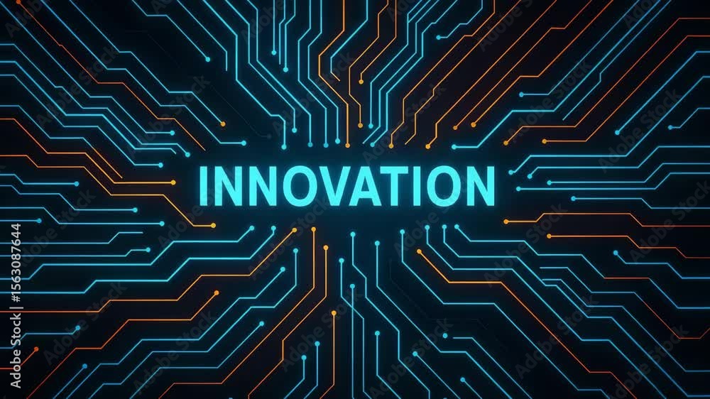 Poster a vibrant digital design symbolizing innovation, showcasing lines and circuits radiating from the ce