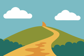 Obraz premium A winding path leads up a green hill towards a bright orange peak under a blue sky with clouds