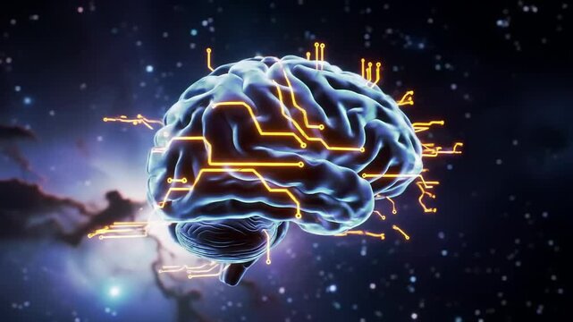 3D rotating digital brain surrounded by flowing neural network lines in a futuristic virtual environment - Powered by Adobe
