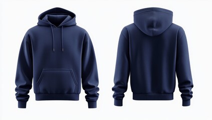 Navy blue hoodie mockup, front and back views, studio shot, blank design