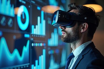 Businessman Immersed in Virtual Reality, Surrounded by Holographic Charts and Graphs