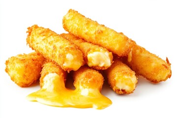 Golden cheese sticks, piled high, melted cheese dripping, white background