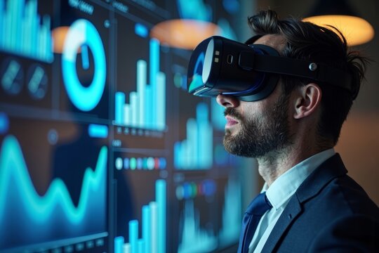 Businessman Immersed in Virtual Reality, Surrounded by Holographic Charts and Graphs - Powered by Adobe